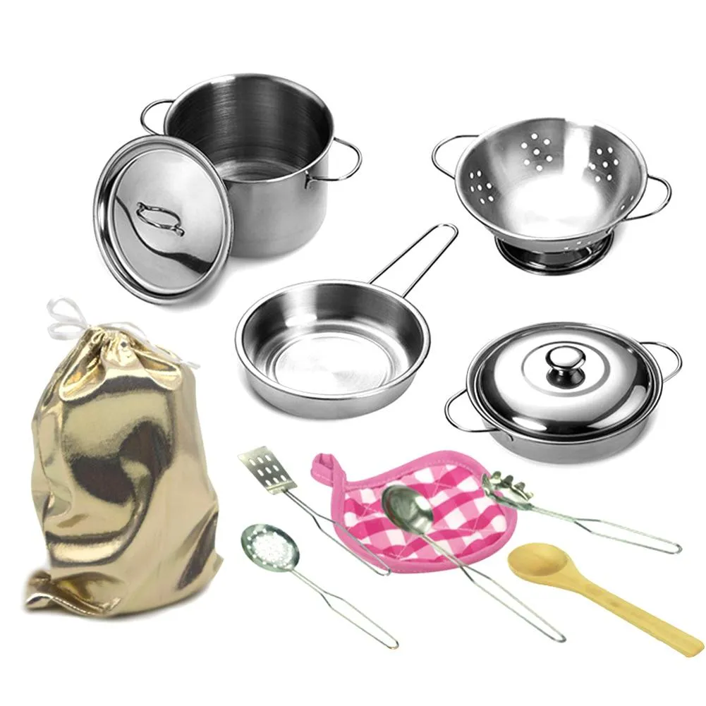 12pcs Girls Kids Mini Pretend Play Tools Stainless Steel Children Kitchen Cookware Pots Pans Food Toys Set Cooking Role Play