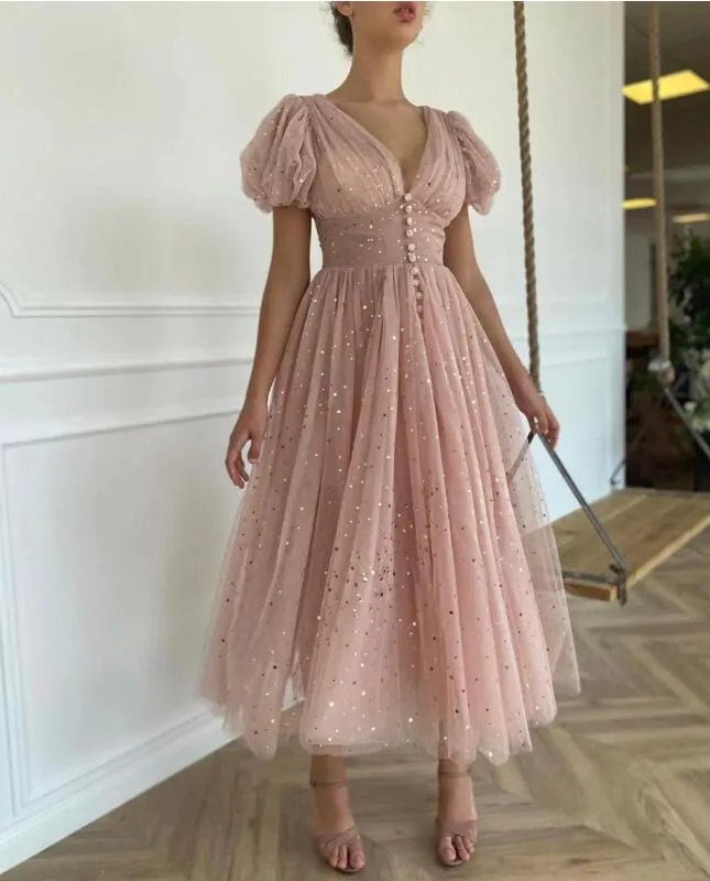 Dusty Rose Calf Length Wedding Guest Dress Cocktail Party Dress