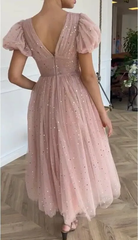 Dusty Rose Calf Length Wedding Guest Dress Cocktail Party Dress