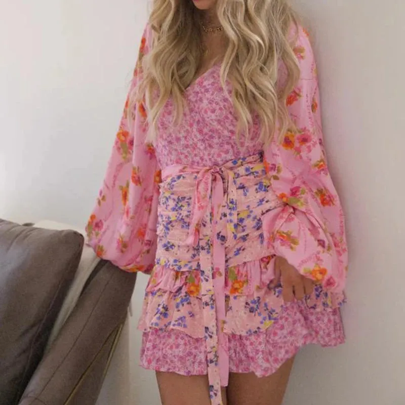 Girlary French Style Cottage Floral Print Mini Dress Women Long Sleeve V Neck Layered Ruffle Dress Cocktail Party Streetwear