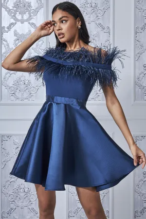 Navy Off The Shoulder Feather Mini Dress