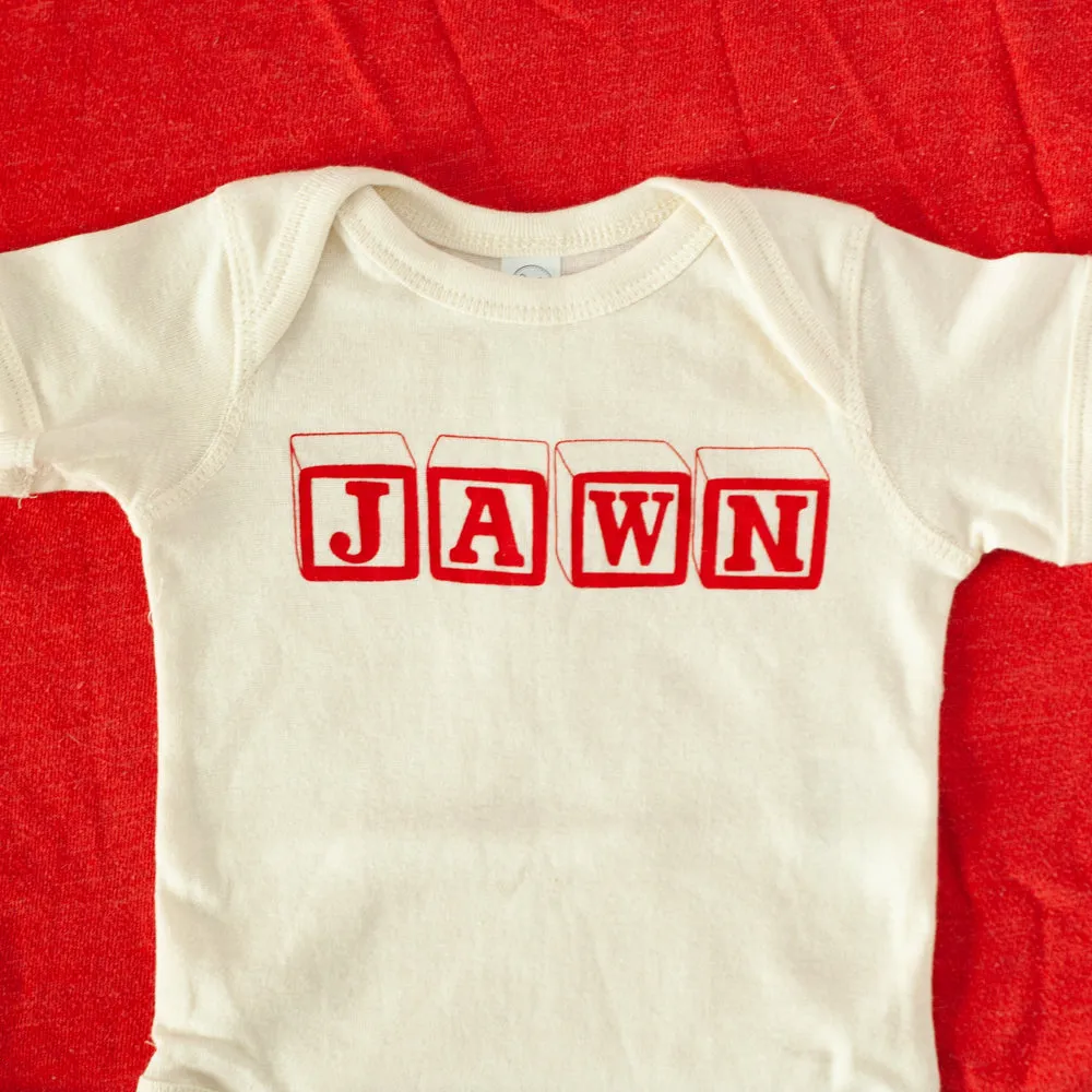 Philadelphia baby gift, Jawn alphabet blocks baby onesie, red Philadelphia souvenir baby bodysuit