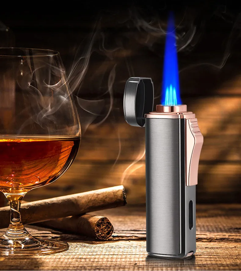 Polished Metal Windproof Triple Burner Refillable Butane Jet Torch Lighter - Built-in Cigar Punch and viewing window for fuel level