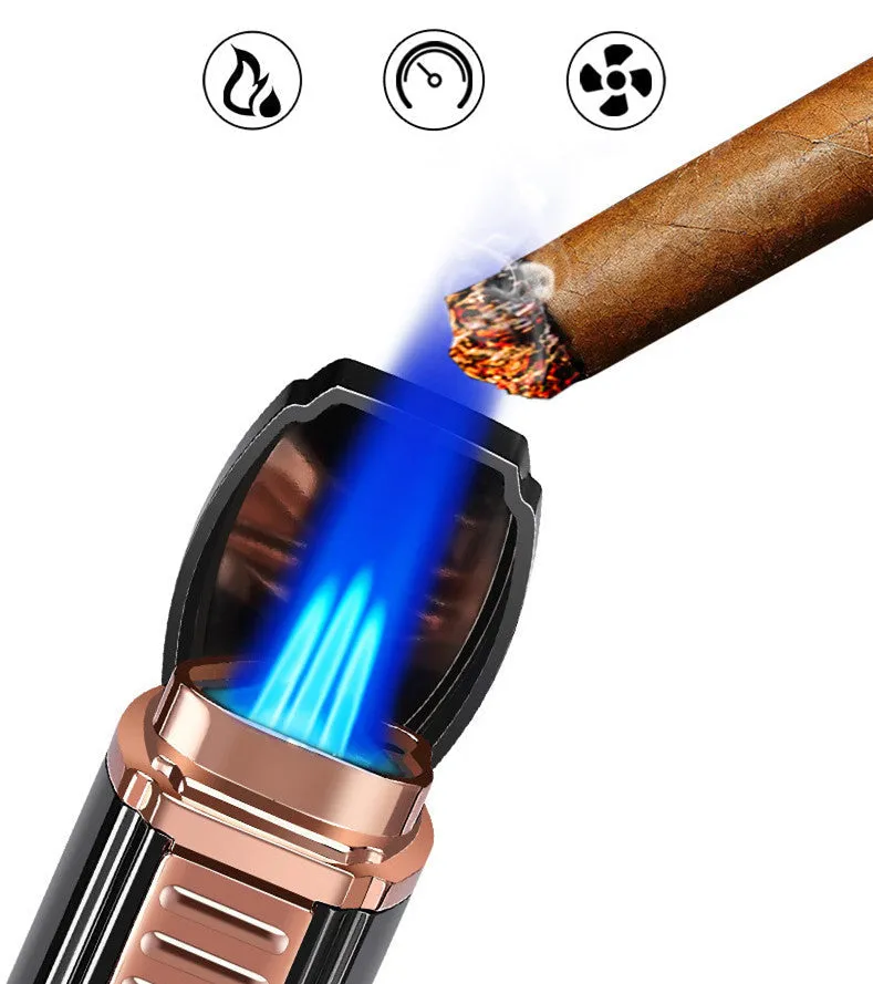 Polished Metal Windproof Triple Burner Refillable Butane Jet Torch Lighter - Built-in Cigar Punch and viewing window for fuel level