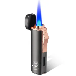 Polished Metal Windproof Triple Burner Refillable Butane Jet Torch Lighter - Built-in Cigar Punch and viewing window for fuel level