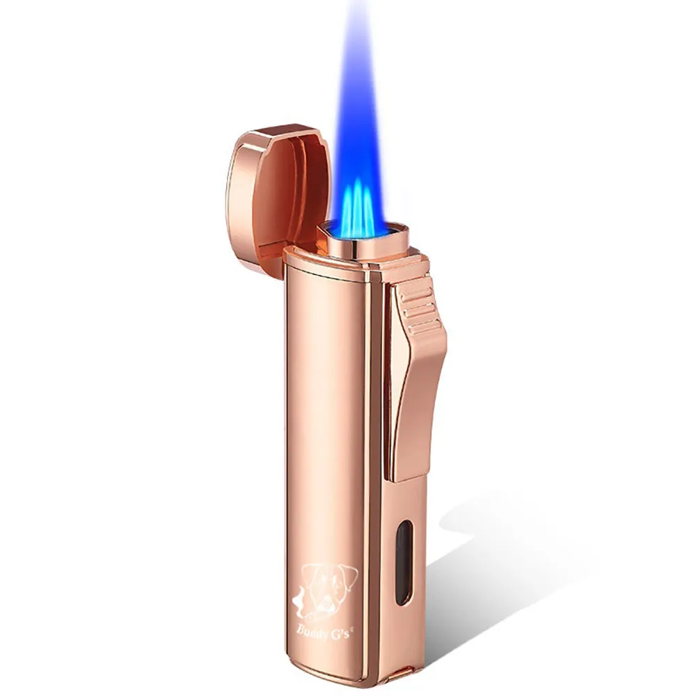 Polished Metal Windproof Triple Burner Refillable Butane Jet Torch Lighter - Built-in Cigar Punch and viewing window for fuel level