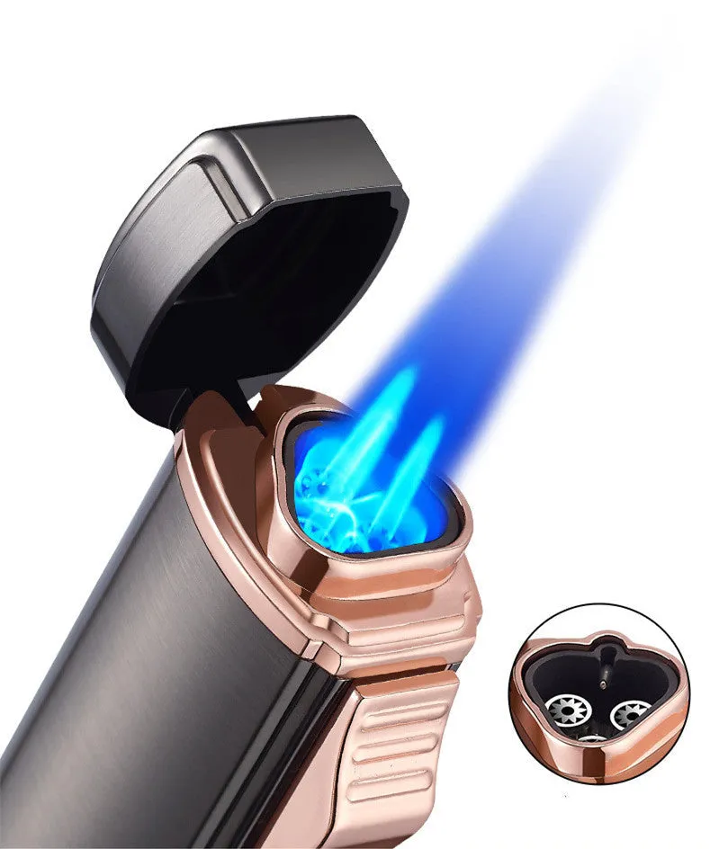 Polished Metal Windproof Triple Burner Refillable Butane Jet Torch Lighter - Built-in Cigar Punch and viewing window for fuel level