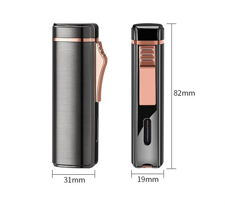 Polished Metal Windproof Triple Burner Refillable Butane Jet Torch Lighter - Built-in Cigar Punch and viewing window for fuel level