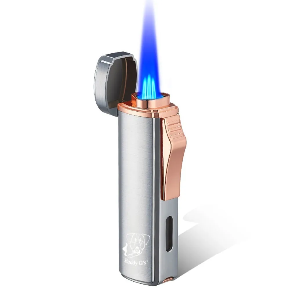 Polished Metal Windproof Triple Burner Refillable Butane Jet Torch Lighter - Built-in Cigar Punch and viewing window for fuel level