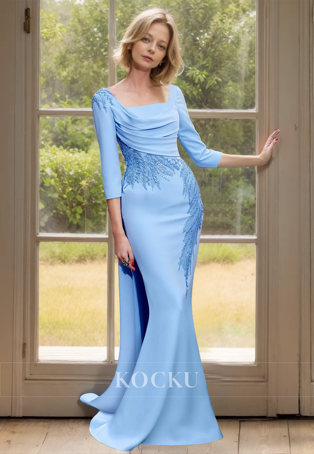 Square Neck Half Sleeves Mermaid Ruched Beads Satin Cocktail Dress with Appliques Mother of Groom