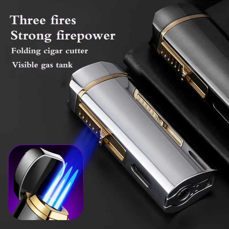 Triple Burner Refillable Butane Jet Torch Lighter - Windproof Lighter - Cigar Holder on Top - Built-in Cigar Punch and fuel level window