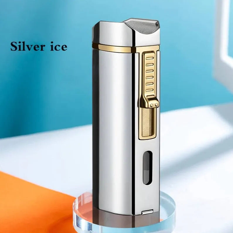 Triple Burner Refillable Butane Jet Torch Lighter - Windproof Lighter - Cigar Holder on Top - Built-in Cigar Punch and fuel level window