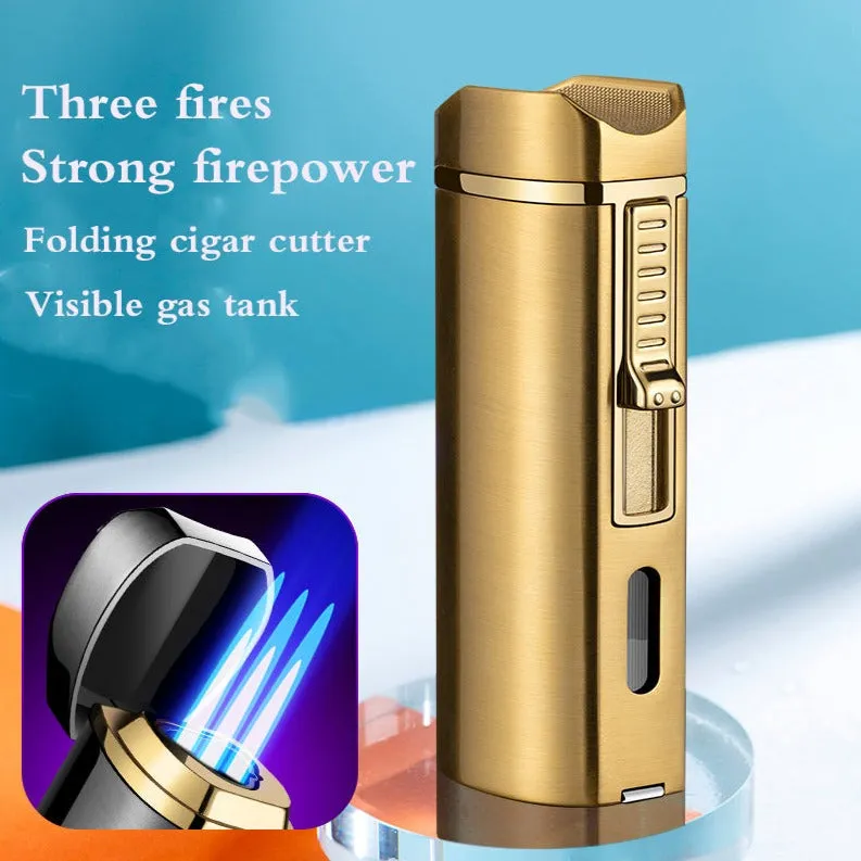 Triple Burner Refillable Butane Jet Torch Lighter - Windproof Lighter - Cigar Holder on Top - Built-in Cigar Punch and fuel level window