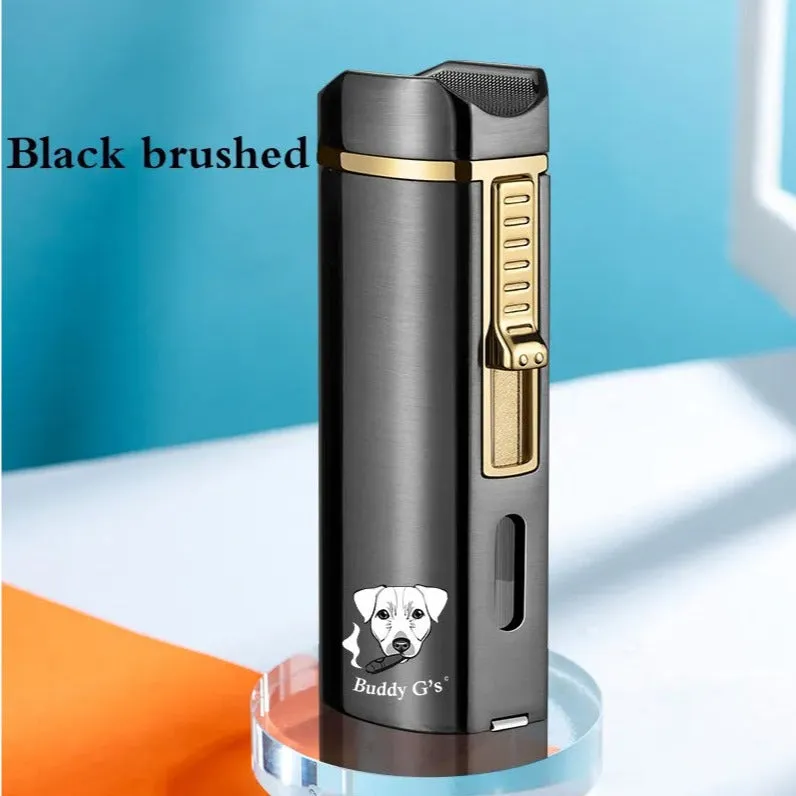 Triple Burner Refillable Butane Jet Torch Lighter - Windproof Lighter - Cigar Holder on Top - Built-in Cigar Punch and fuel level window