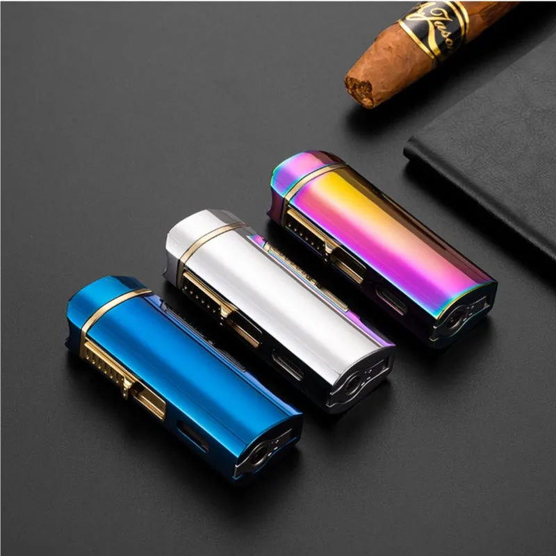 Triple Burner Refillable Butane Jet Torch Lighter - Windproof Lighter - Cigar Holder on Top - Built-in Cigar Punch and fuel level window