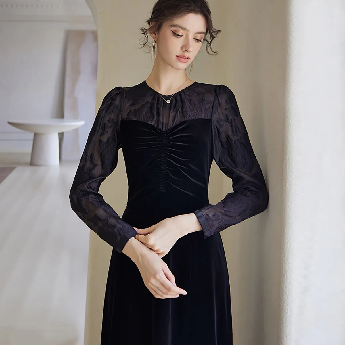 Velvet Evening Black Midi Dress