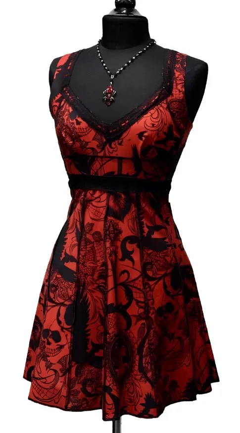 VINTAGE STYLE COCKTAIL DRESS - GOTHIC TATTOO PRINT - RED