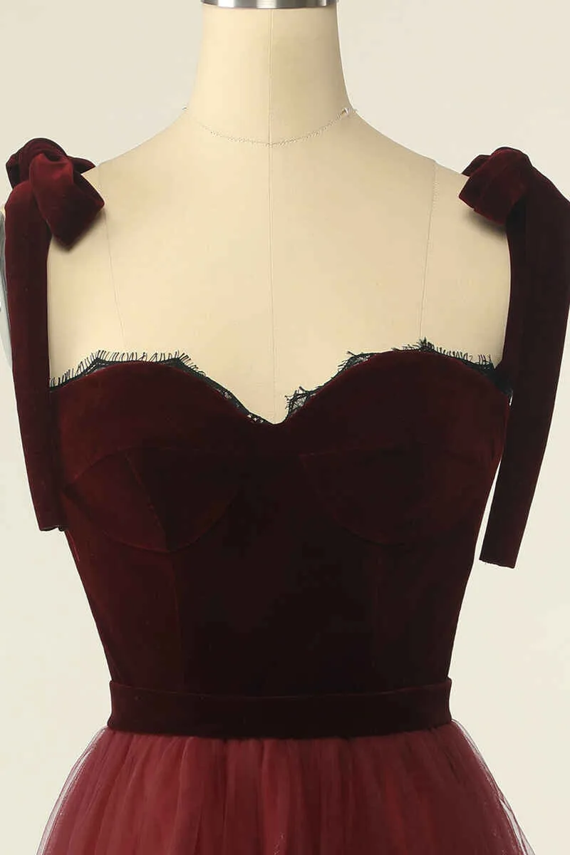 Wine Red Sweetheart Tie-Strap A-Line Short Prom Dress